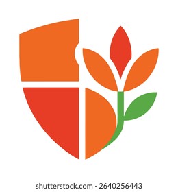 A stylized logo featuring a shield and a flower, both in orange, red, and green colors.