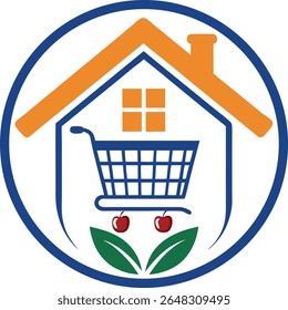 Stylized logo featuring a shopping cart inside a house silhouette with cherries and leaves isolated on transparent background - Powered by Shutterstock - Get 15% off with code: PIKWIZARD15