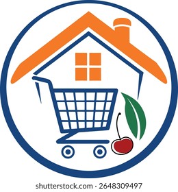 Stylized logo featuring a shopping cart inside a house silhouette with cherries and leaves isolated on transparent background - Powered by Shutterstock - Get 15% off with code: PIKWIZARD15
