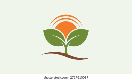 Un logotipo estilizado con una Pequeña planta verde con dos hojas que crecen desde una base marrón, colocadas contra un sol naranja brillante con líneas radiantes, que simbolizan el crecimiento y la naturaleza.