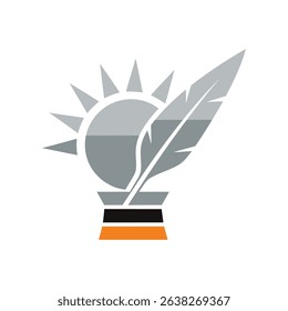 A stylized logo featuring a sunburst, a feather, and an inkwell.