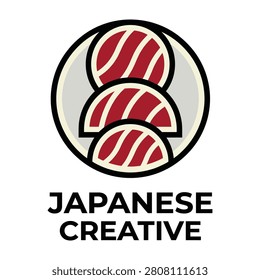 A stylized logo featuring three pieces of sushi on a plate with japanese creative text