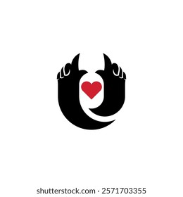 stylized logo featuring two black hands forming a heart shape with a red heart in the center, symbolizing love and care