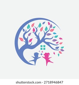 Logo estilizado con dos niños jugando bajo un árbol con una casa al fondo, rodeados de hojas de colores y una composición creativa
