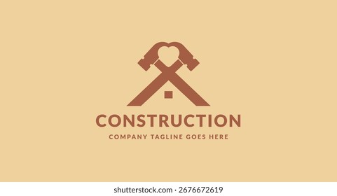 Logotipo estilizado com dois martelos cruzados formando um telhado de casa, simbolizando a construção, construção e melhoria da casa.