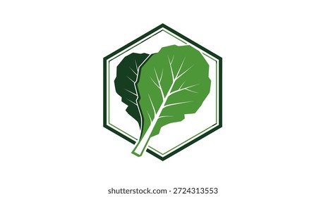 Logotipo estilizado com duas folhas verdes dentro de uma borda hexagonal, representando a natureza, o crescimento ou produtos orgânicos.