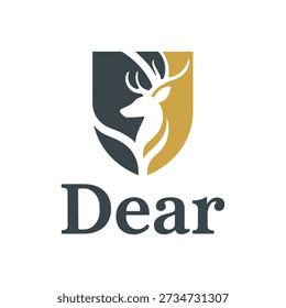 A stylized logo featuring a white deer head silhouette within a shield divided into dark green and gold sections, accompanied by the word Dear in dark green text, on a white background