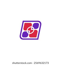 A stylized logo with four rounded squares in red and purple, intersected by a white circular design, all enclosed within a tilted purple-bordered square