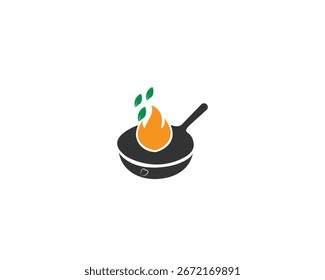 A stylized logo of a frying pan with an orange flame and three green leaves rising from it, presented on a white background. Scalable vector format suitable for print and digital media.
