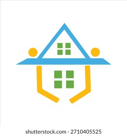 Logotipo estilizado de una casa con dos figuras que la apoyan, que representan la comunidad, el hogar y la Asistencia.