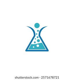 stylized logo of a laboratory flask with bubbles inside, forming a human-like figure, symbolizing science and innovation