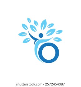 A stylized logo of a person with outstretched arms forming part of a tree with blue leaves, symbolizing growth, health, and vitality