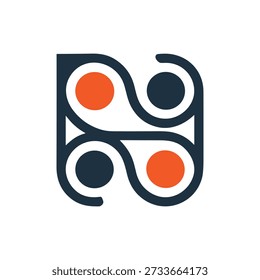 A stylized logo with red and blue circles