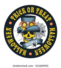 the stylized logo with a skull for a holiday Halloween in round shape Black and white color