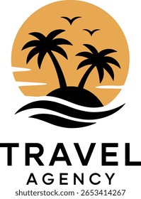 A stylized logo for a travel agency features a vibrant orange sun setting over wavy black ocean water, with silhouetted palm trees on a small island, 