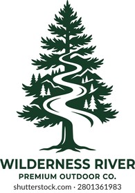 Stylized logo of a tree with a river flowing through mountains, symbolizing outdoor adventure