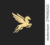 A stylized logo of a winged horse in beige on a black background