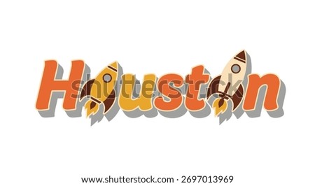 A stylized logo of the word Houston with two cartoon rockets replacing the letter 'o', set against a clean white background.