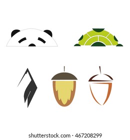 
stylized logos animal : panda , turtle , stork and acorns on a white background