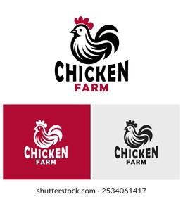 Stylized logos featuring a chicken with a comb and tail feathers, in black and white. Ideal for branding chicken farms.
