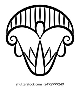 Stylized lotus flower. Ancient Egyptian floral design. Black and white linear silhouette.