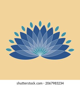 stylized lotus flower in blue-green shades on a yellow background, white outline, logo concept, flat vector illustration