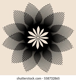 A stylized lotus flower with concentric striped petals in black and ivory