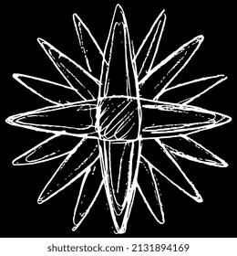 Stylized lotus flower. Geometrical floral cross star design. Ancient Egyptian symbol. Hand drawn linear doodle rough sketch. White silhouette on black background.