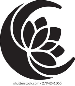 Stylized lotus flower nestled within a crescent moon shape, minimalist black and white isolated on a white background