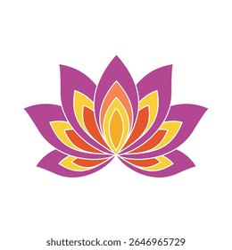 A stylized lotus flower with purple, orange, and yellow petals.