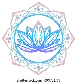 Stylized lotus flower in shades of purple and blue framed with floral mandala isolated on white background Hand drawn fantasy design for tattoo, fabric cloth, poster print. Yoga studio logo.