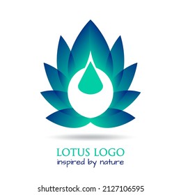 Stylized lotus flower with water drop as eco concept care by nature. Floral design emblem, logotype, label for wellness industry, spa or beauty salon. Vector lotus logo template, isolated on white