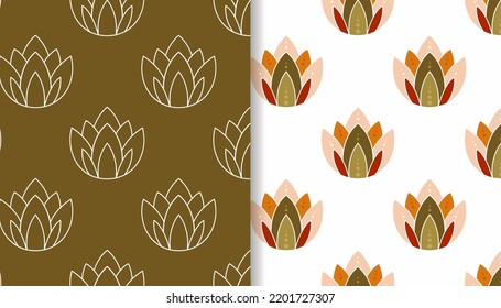 Stylized lotus flowers. Set of hand drawn vector seamless patterns. Elegant floral background.