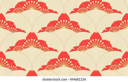 stylized lotus pond seamless pattern in red and green shades