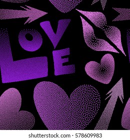 Stylized love elements on a black for print wrapping paper. Vector arrow, hearts, kissing lips, love text seamless pattern background in violet and pink colors.