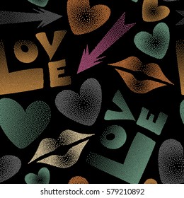 Stylized love elements on a black for print wrapping paper. Vector arrow, hearts, kissing lips, love text seamless pattern background in green, pink and orange colors.