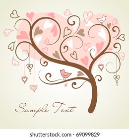 stylized love tree made of hearts with two birds