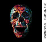 Stylized low poly colorful skull in tribe style on dark background