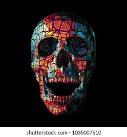 Stylized low poly colorful skull in tribe style on dark background