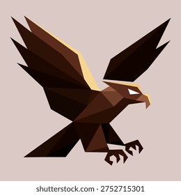 Stylized low poly eagle in flight created with geometric polygon shapes and sharp angular facets. Modern abstract bird of prey illustration with spread wings, representing strength, freedom, power, and leadership. Suitable for logo design, branding, sports mascots, posters, and contemporary graphic projects.