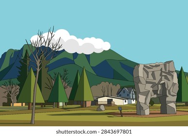 Stylized low poly geometric vector landscape illustration depicting the public manmade climbing rock structure at Torguson Park with Mount Si rising in the background in North Bend Washington.