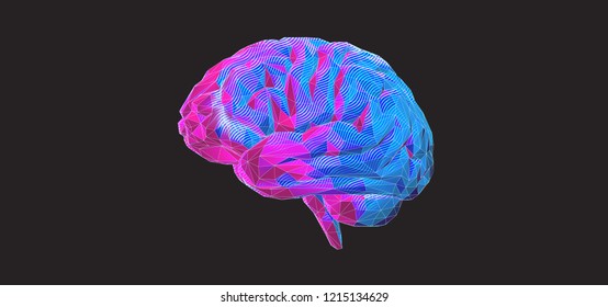 Dibujo estilizado del cerebro humano de bajo nivel con líneas de colores rosadas y azules redondeadas aisladas en fondo de banner de color negro