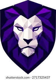 Estilizado diseño de logotipo de mascota de cabeza de león de polietileno bajo en un escudo. Ilustración vectorial de un depredador poderoso con melena púrpura y cara blanca, aislado sobre fondo blanco.