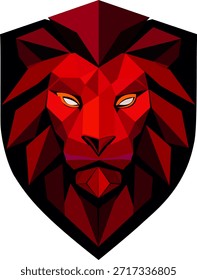 Estilizado diseño de logotipo de mascota de cabeza de león de polietileno bajo en un escudo. Ilustración vectorial de un depredador potente con la melena púrpura y la cara blanca, aislados en el fondo blanco