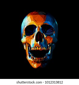 Stylized low poly orange skull in tribe style on dark background