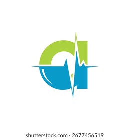Una letra estilizada en minúscula "a" con un degradado verde y azul, con una línea de pulso cardíaco integrada en el diseño. Ideal para un logotipo de salud o tecnología.