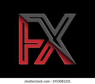 Stylized lowercase letters F and X in red and black connected by a single line for logo, monogram and creative design. Vector illustration isolated on black.