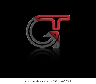 Stylized lowercase letters G and T in red and black connected by a single line for logo, monogram and creative design. Vector illustration isolated on black.