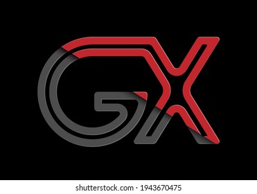 Stylized lowercase letters G and X in red and black connected by a single line for logo, monogram and creative design. Vector illustration isolated on black background.