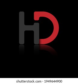 Stylized lowercase letters H and D in red and black connected by a single line for logo, monogram and creative design. Vector illustration isolated on black.